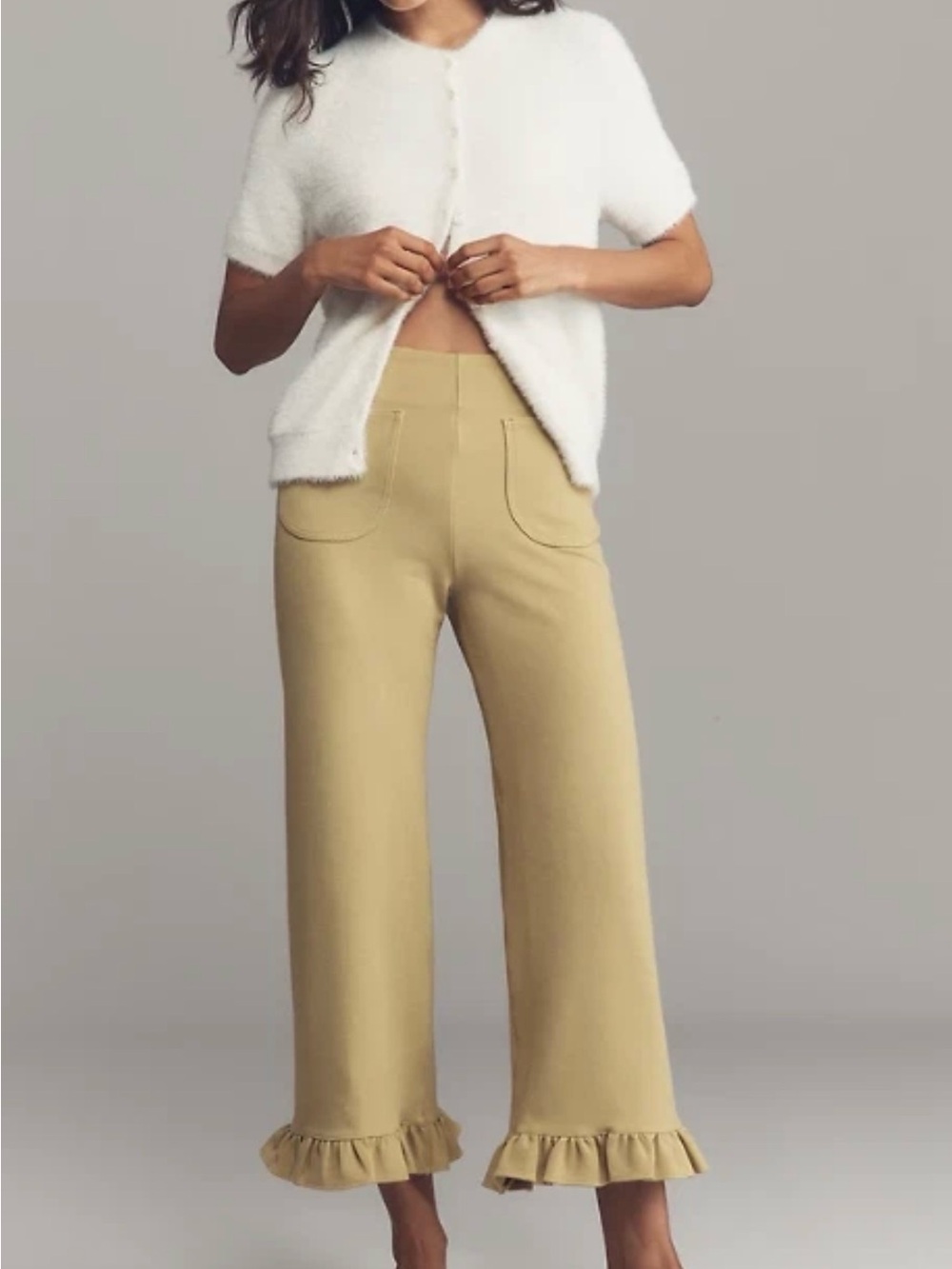 Anthropologie Maeve Colette Ruffle-Hem Wide-Leg Trousers in Avocado, 32tall,NWOT